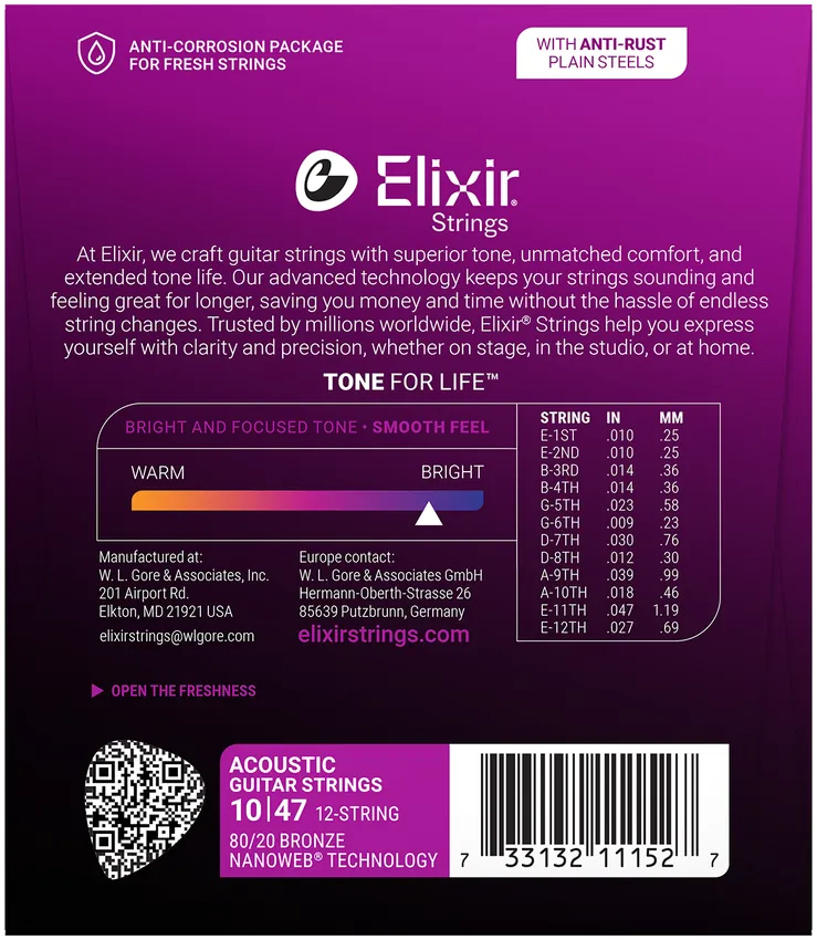 Struny do gitary akustycznej Elixir 11152 Bronze 12-str. 10-47 - miniatura