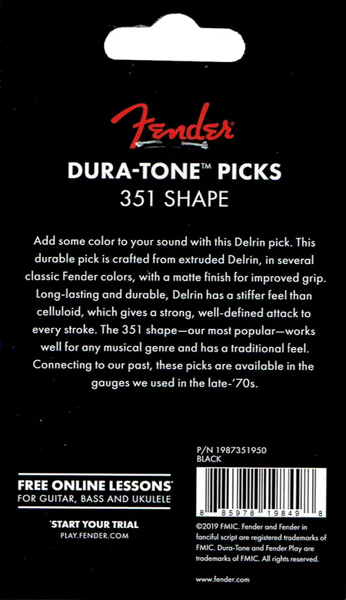 Zestaw kostek gitarowych Fender Dura-Tone 1.21mm Black 12-Pack - miniatura