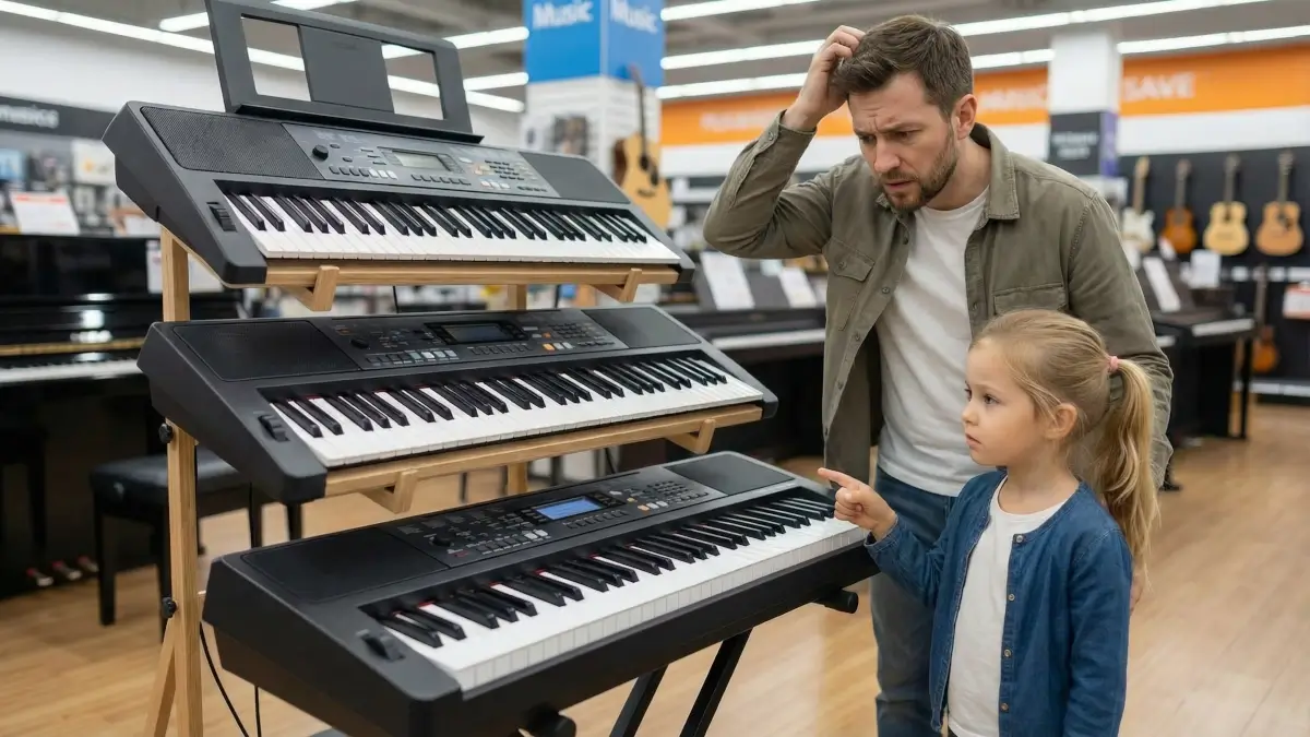 Zdezorientowany ojciec z córką zastanawiają się, jaki keyboard na początek wybrać spośród instrumentów wyeksponowanych w sklepie muzycznym