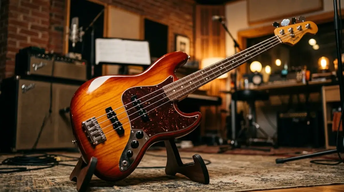 Gitary basowe w sklepie muzycznym